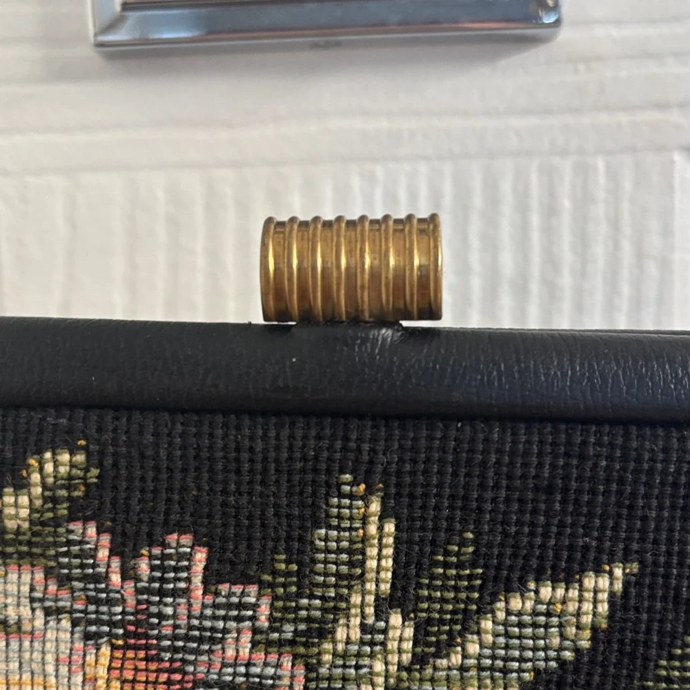 Vintage Needlepoint Floral Tapestry Evening Bag - Black and Pink w/gold hardware